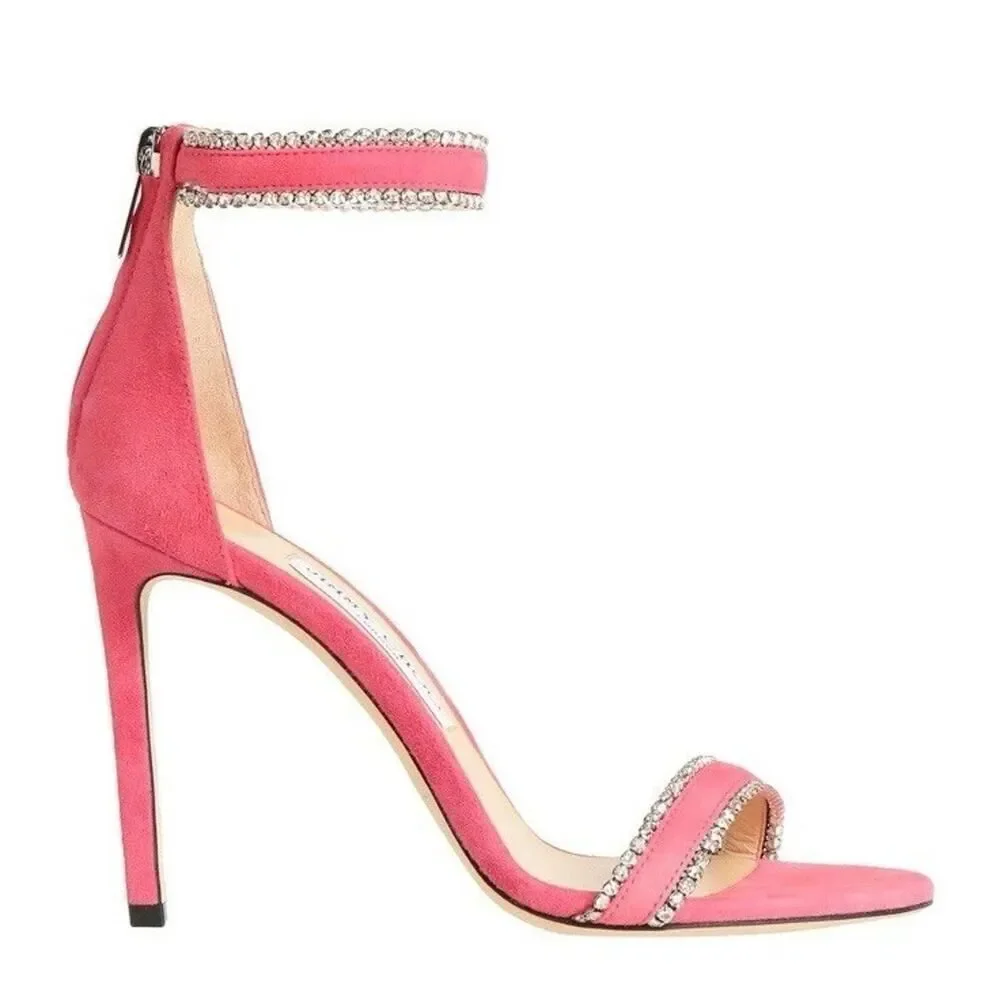 Jimmy Choo Dochas 100 Pink Suede Crystal Ankle Strap Sandals – Size 7 US ✨💖 - Picture 3 of 13